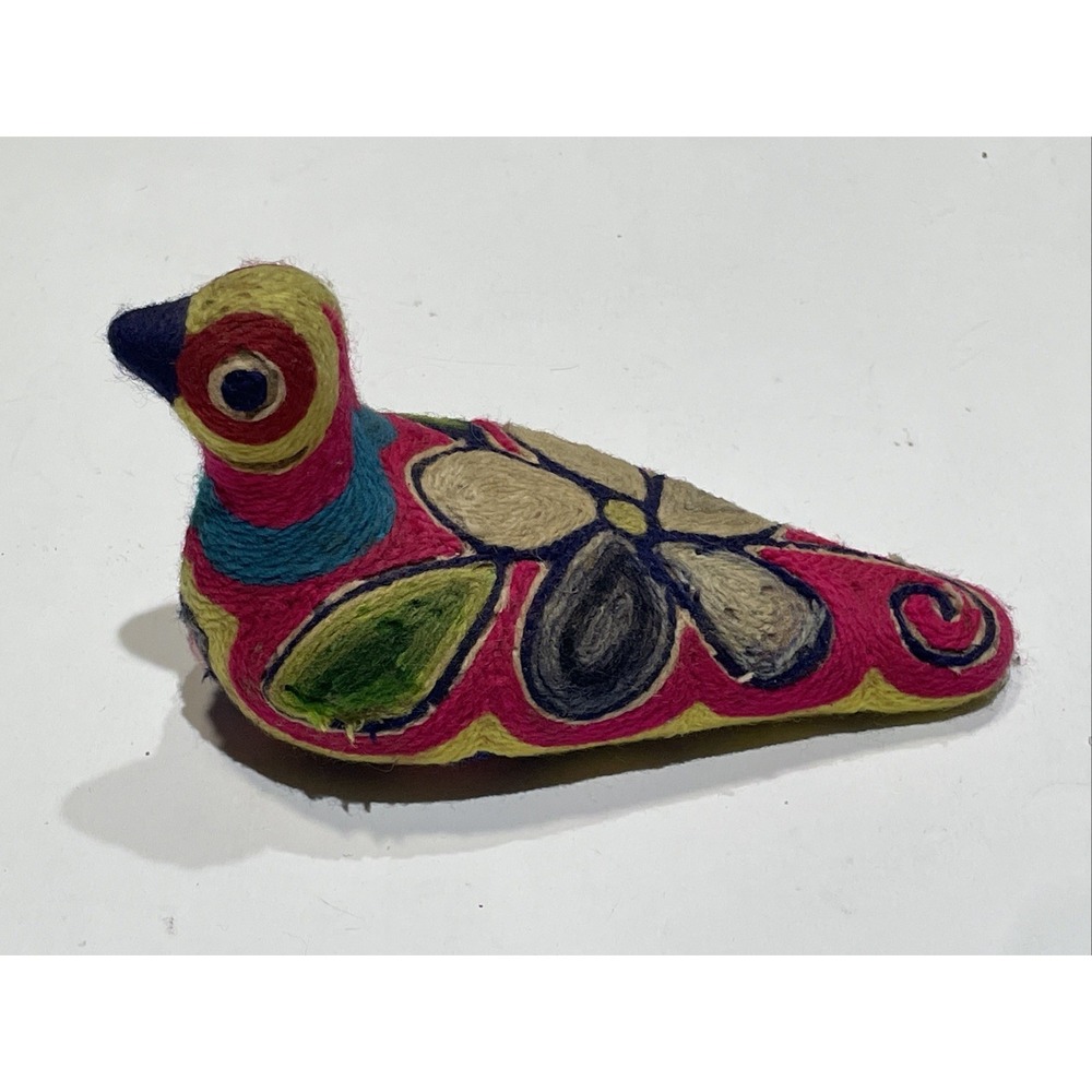 Vintage Mexican Huichol Yarn Bird 7" Art Figurine Handmade Retro Bird